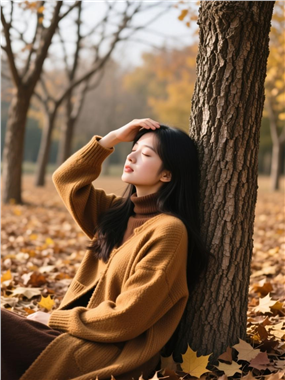 穿着棕色外套的美女倚靠在树边图片